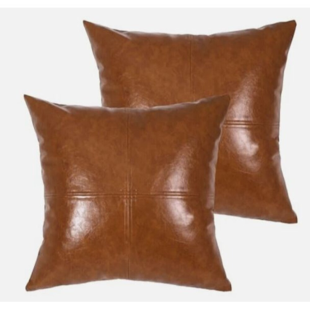 Faux Leather Farmhouse Throw Pillow Covers - Brown Leather 18" x 18" - Set of 2
